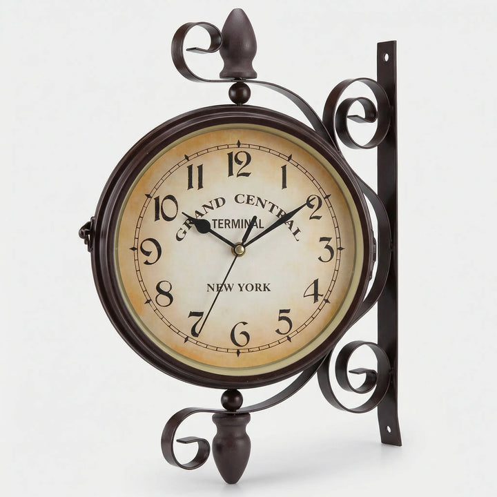 Decorative double-sided wall clock, black metal, featuring a classic station design for vintage home or office decor.