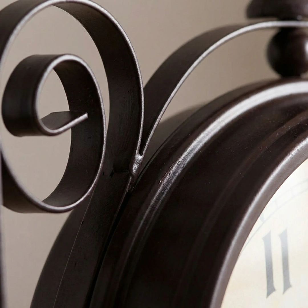 Elegant antique style double-sided wall clock. Perfect decorative timepiece for sophisticated living room or office decor.