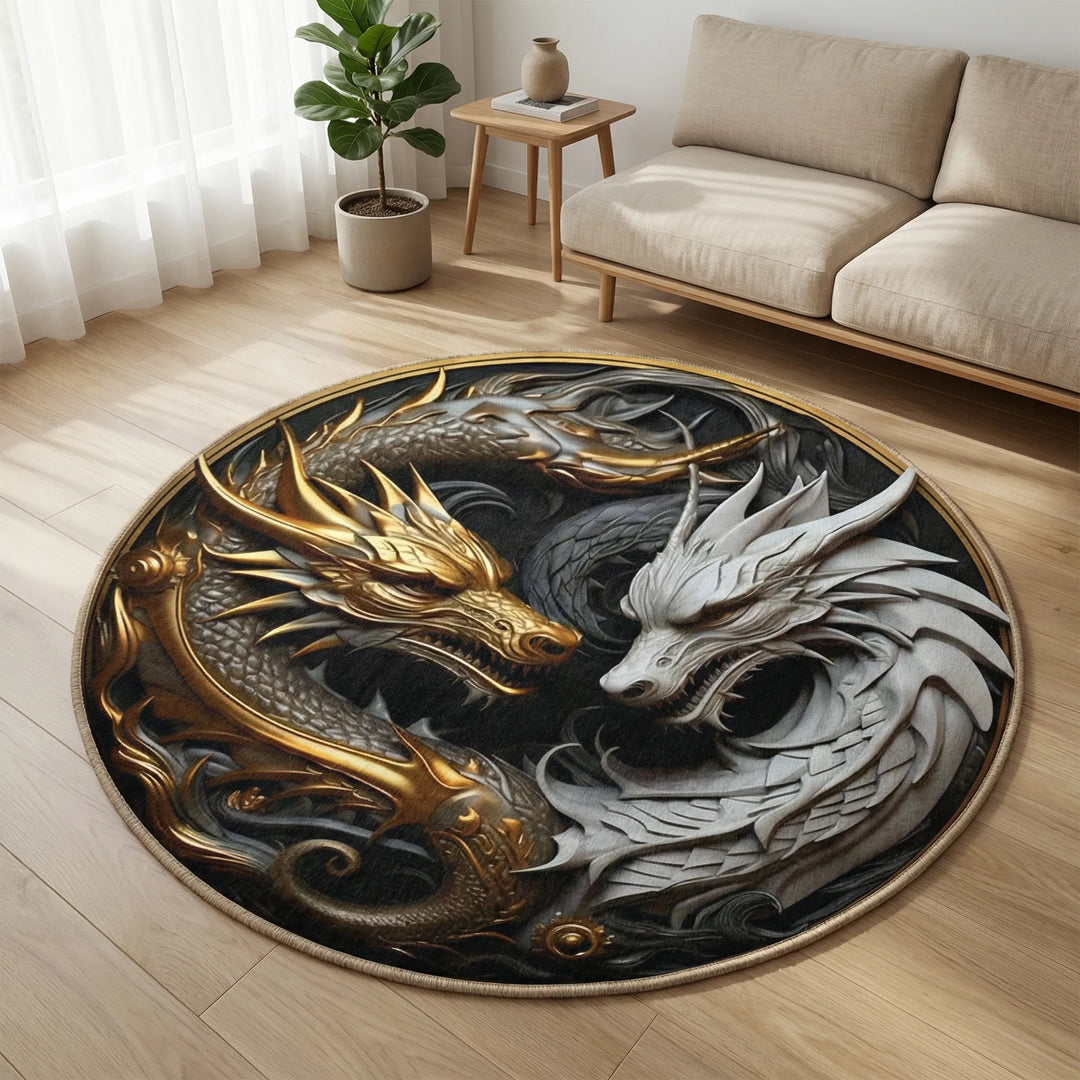 Dramatic round area rug with a captivating dragon motif, perfect for bold home decor. Non-slip floor rug.