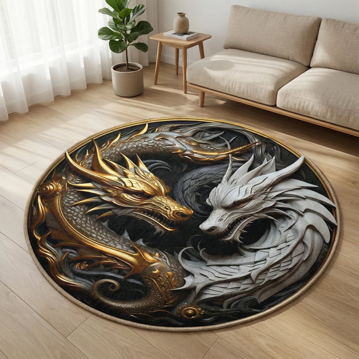 Dramatic round area rug with a captivating dragon motif, perfect for bold home decor. Non-slip floor rug.