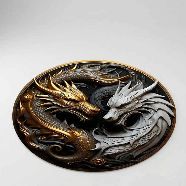 Decorative round floor rug featuring a unique dragon design and wave pattern. Statement area rug for modern homes.