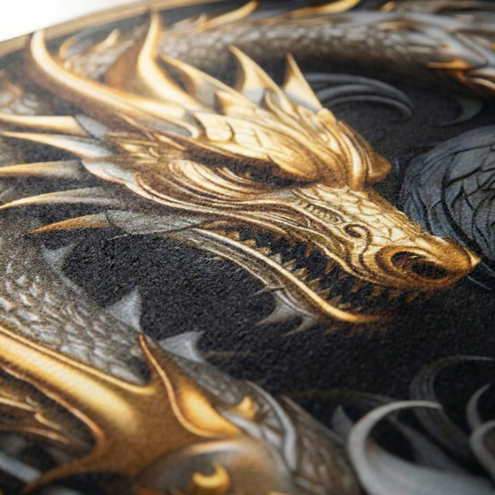 Statement round dragon rug, a dramatic decorative floor rug adding unique style to any room's home decor. Non-slip.