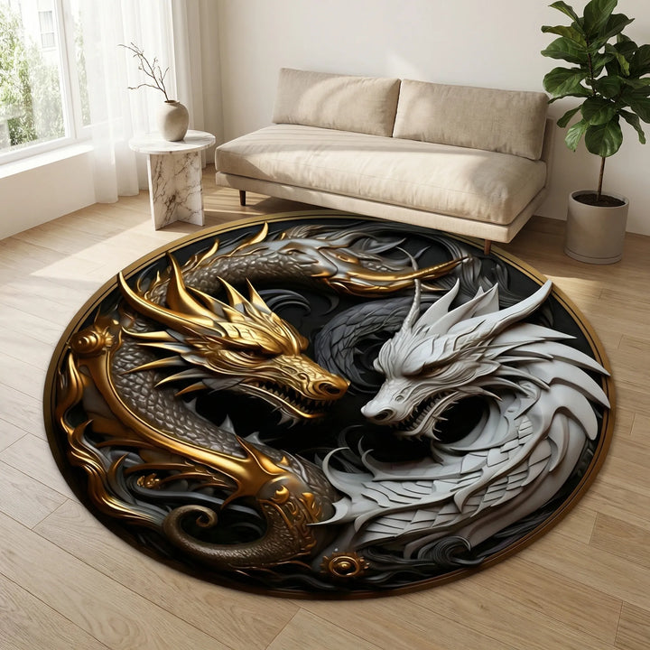 Vibrant round area rug with an intricate dragon motif, a striking piece for dramatic home decor. Non-slip floor rug.