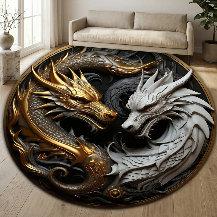 Eye-catching round floor rug displaying a detailed dragon motif and elegant waves. Perfect decorative statement area rug.
