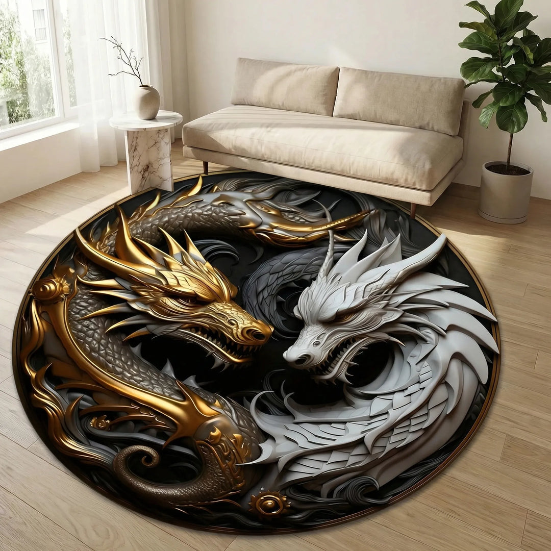 Round area rug with a stunning dragon motif, offering dramatic home decor. Decorative and non-slip floor rug with waves.
