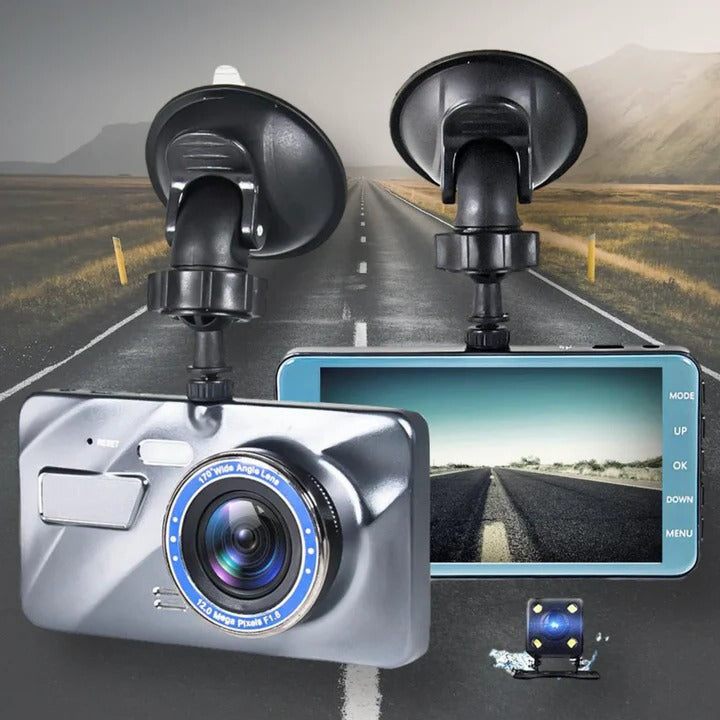 Dual 1080p HD dash cam with front & rear night vision for car safety & security. Includes G-sensor & loop recording.