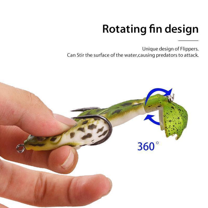 Dual propeller floating frog lure, realistic topwater fishing bait for bass angling, weedless design