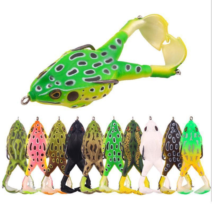 Top view of a floating frog lure, dual propellers creating surface disturbance for bass