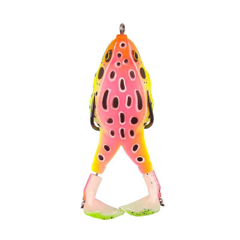 Fishing lure designed as a frog, propels across water for aggressive bass strikes