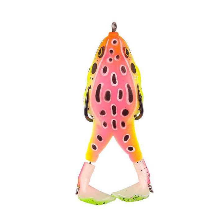 Fishing lure designed as a frog, propels across water for aggressive bass strikes