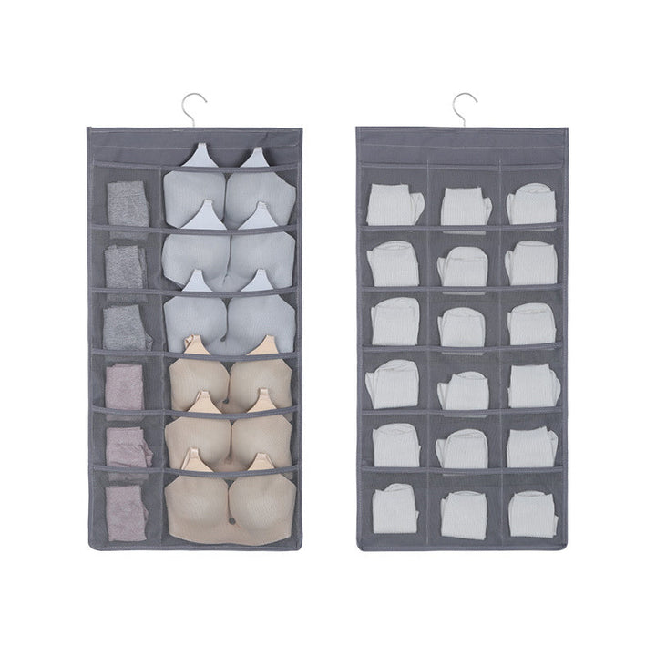 Neatly organized wardrobe with a dual-sided hanging organizer, reducing clutter.
