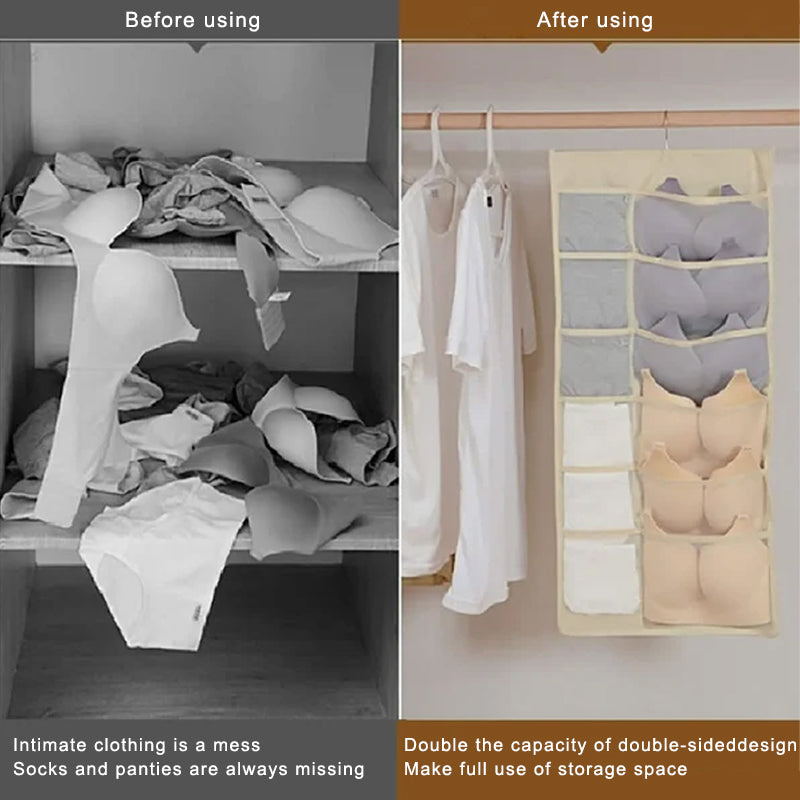 Hanging closet organizer, ideal for small spaces, featuring double-sided storage for accessories.