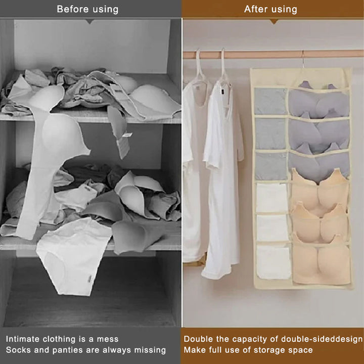 Hanging closet organizer, ideal for small spaces, featuring double-sided storage for accessories.