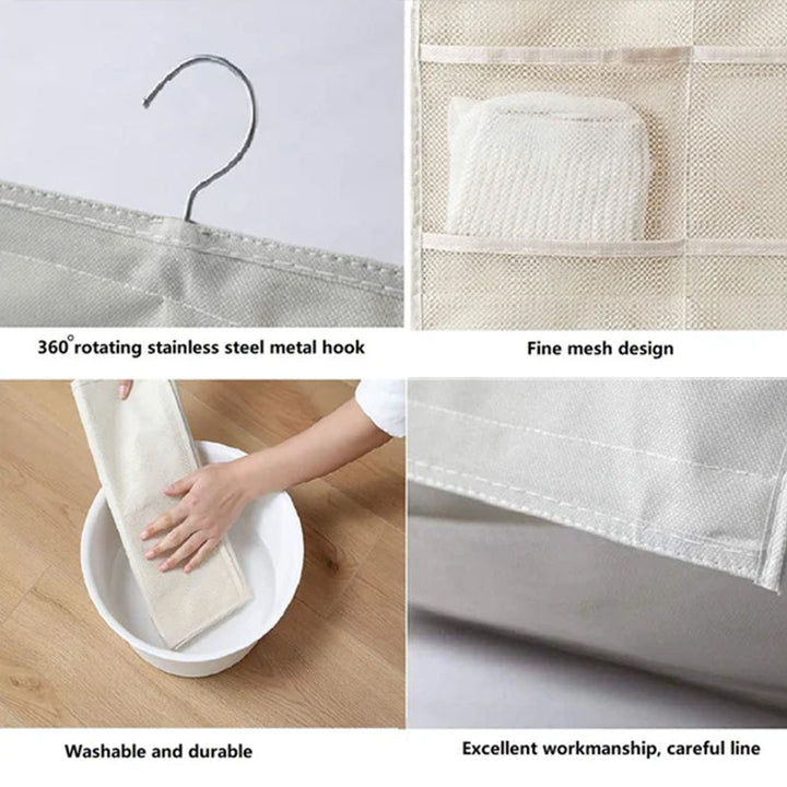 Double-sided hanging organizer in a closet, showing various items stored in mesh pockets.