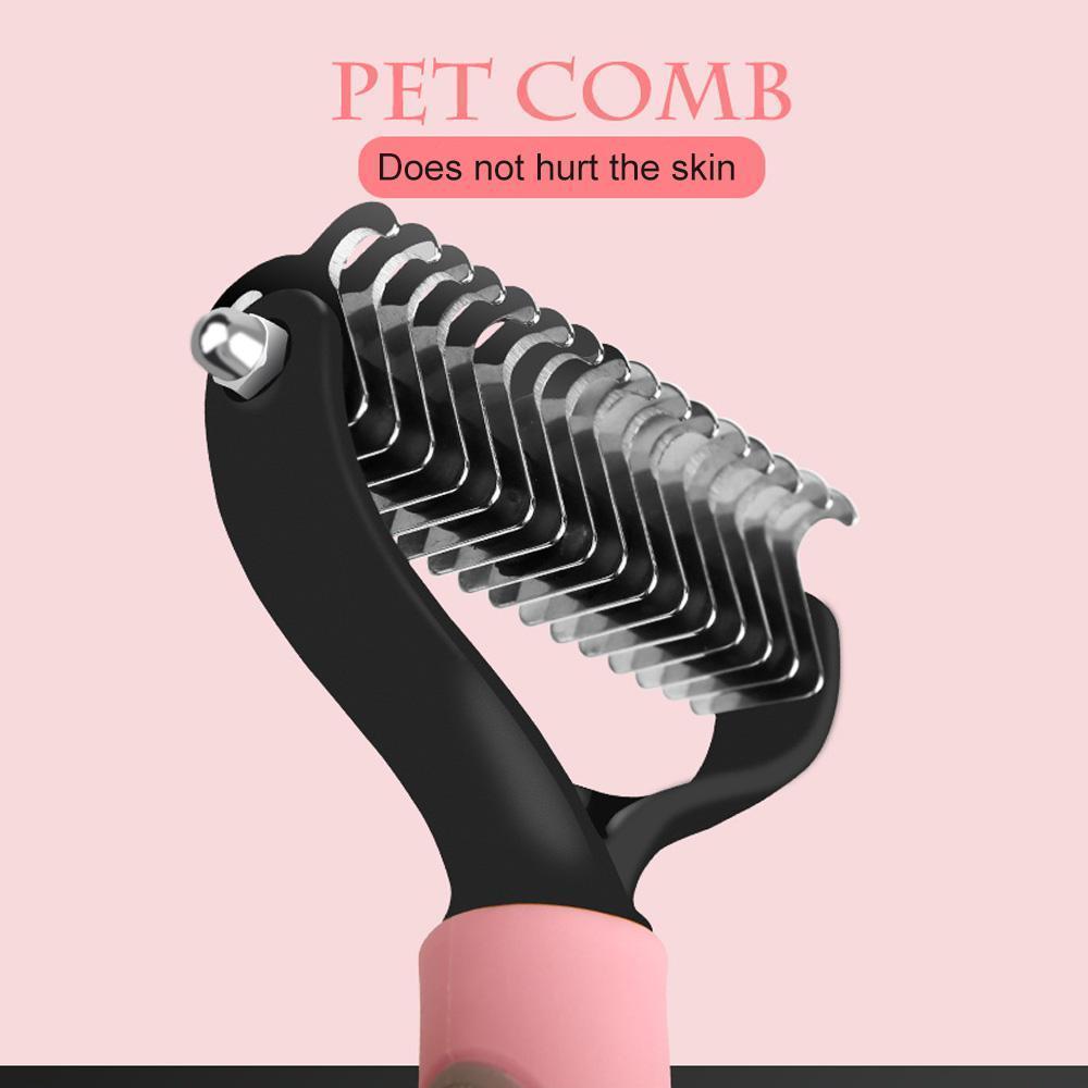 Efficient dematting comb with stainless steel blades for dog and cat grooming. Pet care deshedding.