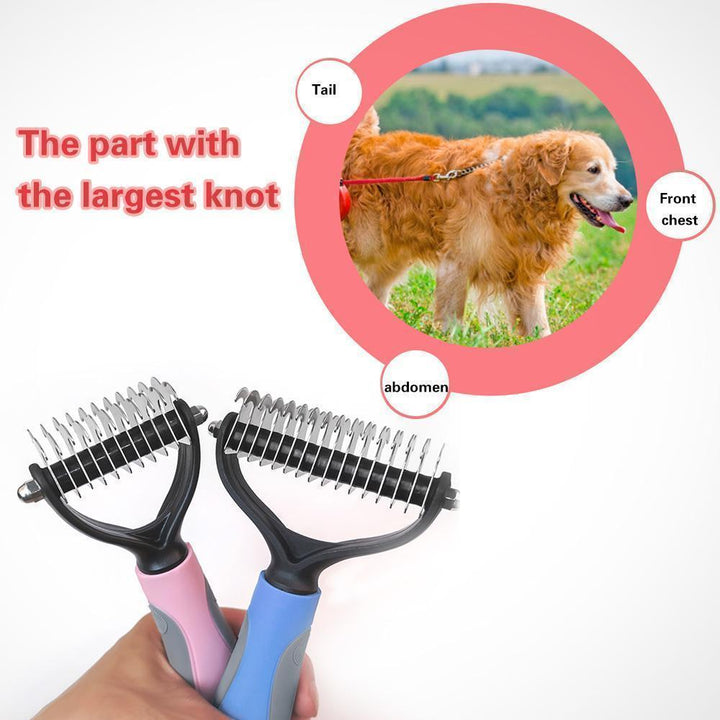 Ergonomic dual-sided dematting brush for pets. Effectively removes knots and loose fur. Pet supplies.