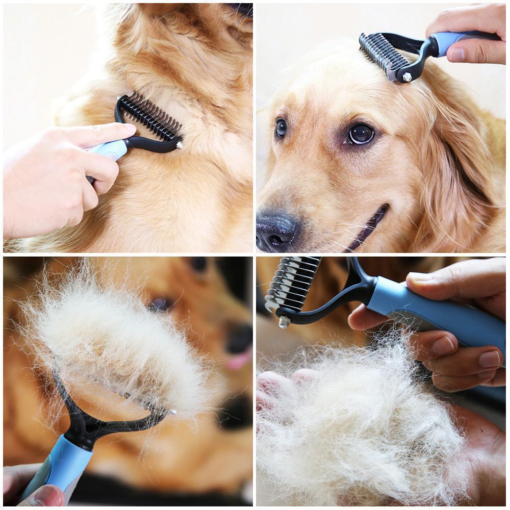 Close-up of a sturdy pet dematting comb, ideal for thick or long-haired dogs and cats. Grooming tool.