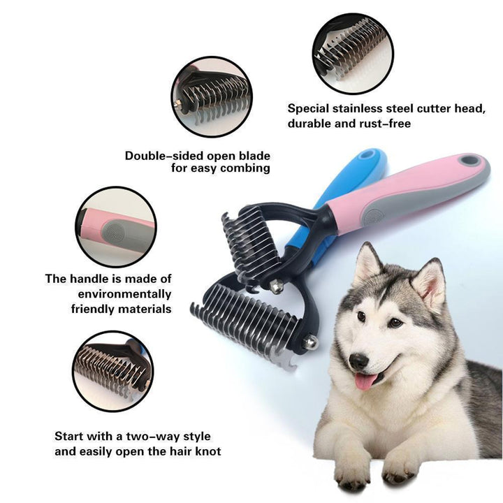 Dual-sided grooming comb designed for dematting pets, suitable for various dog and cat breeds. Pet brush.