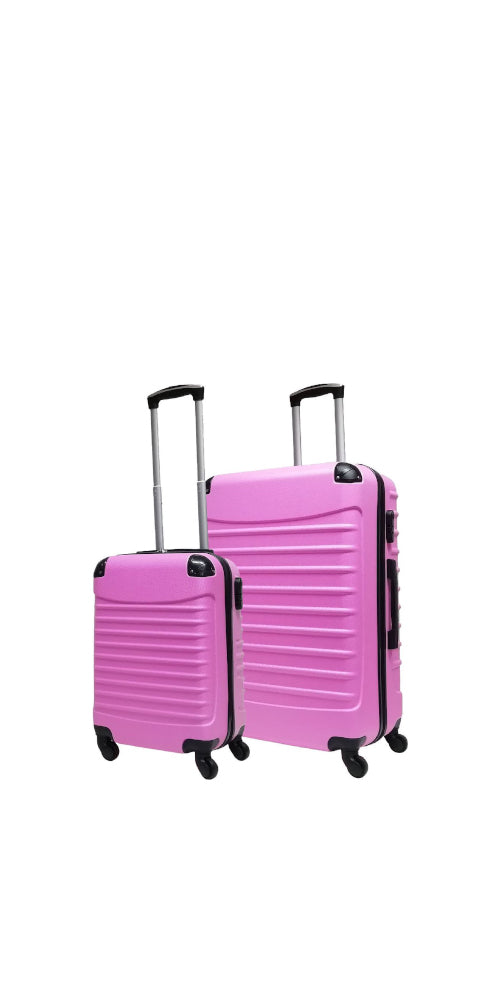 Durable 2-piece pink hardshell luggage set for travel, featuring spinner wheels and a vibrant finish.