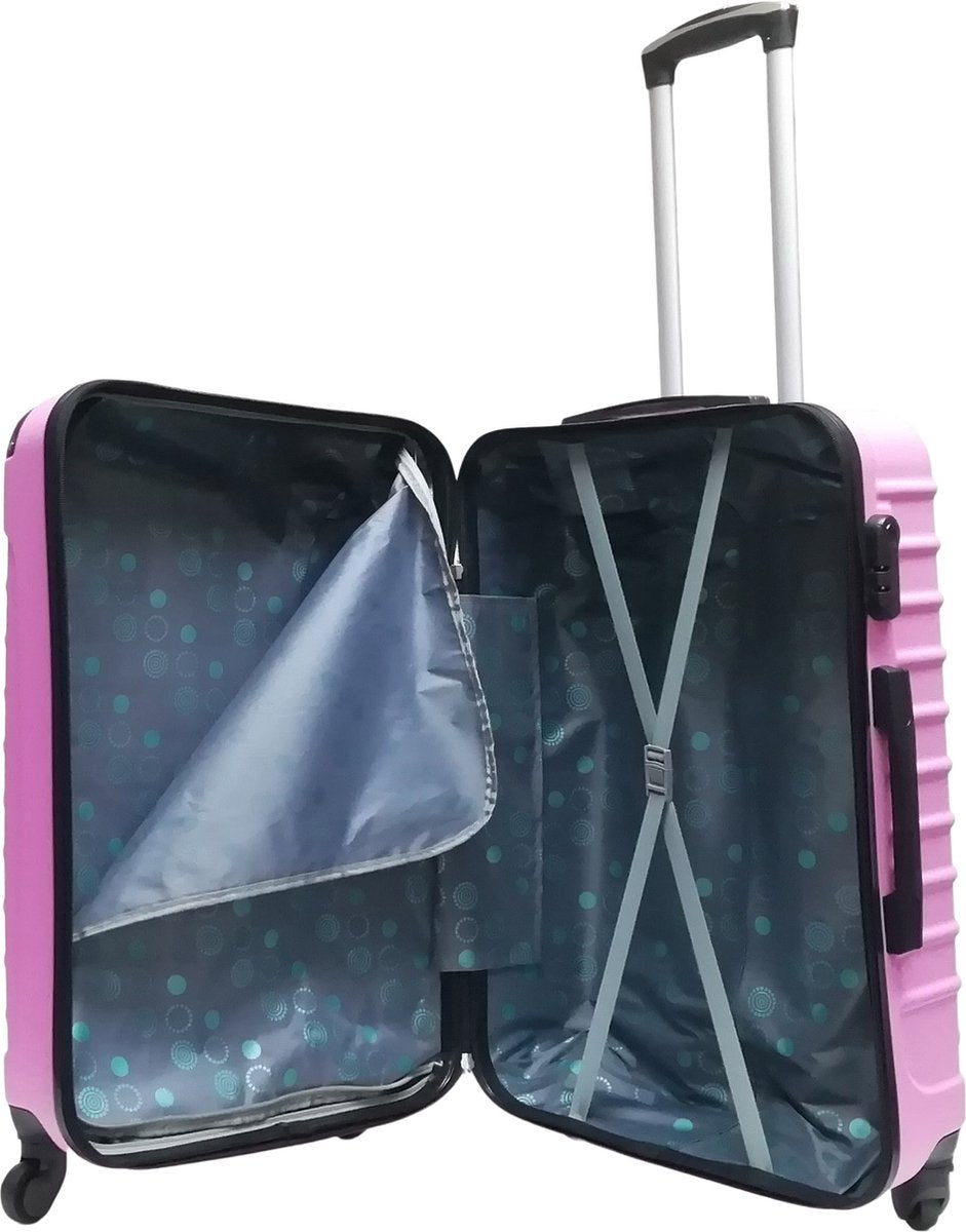 Pink hardshell carry-on and checked luggage set, 2-piece durable suitcases with spinner wheels for travel.