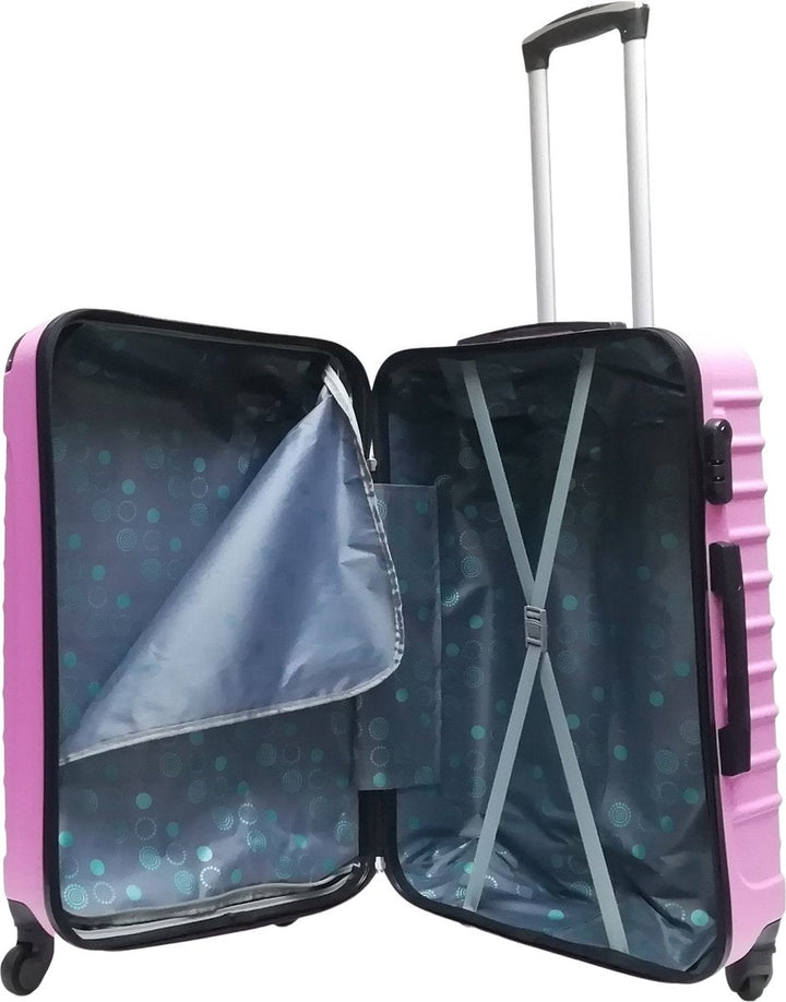 Pink hardshell carry-on and checked luggage set, 2-piece durable suitcases with spinner wheels for travel.