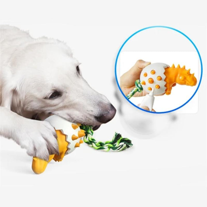 Interactive dog toy: a robust, non-toxic dinosaur egg chew, perfect for extended play and canine dental care.