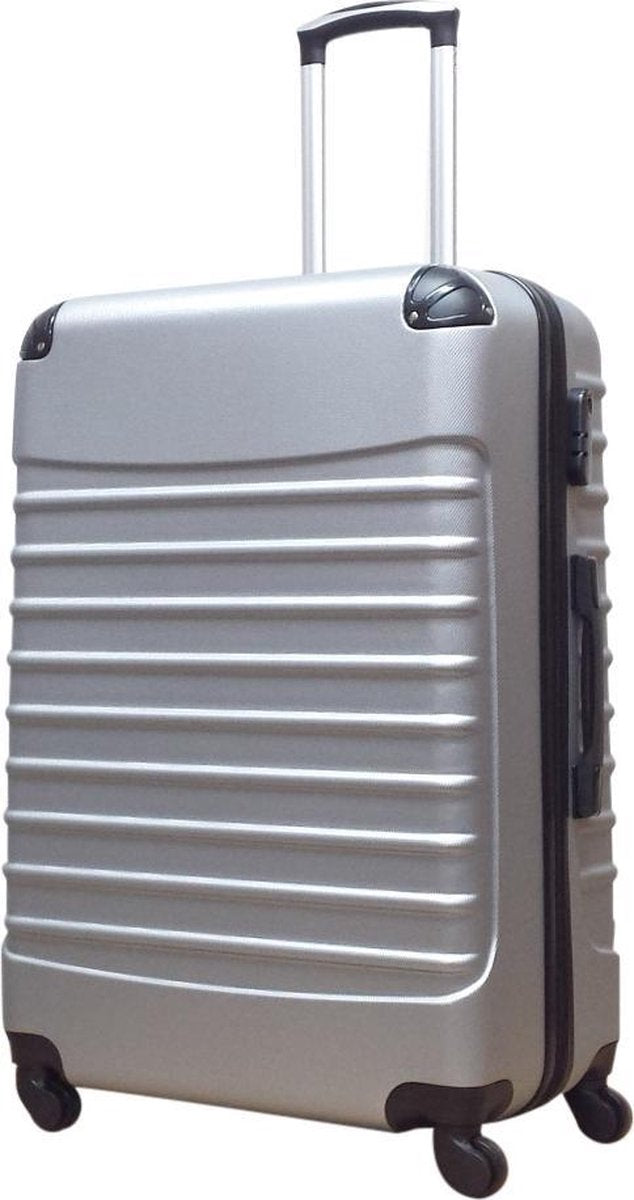 Secure travel hardshell bag: durable luggage with integrated lock and multi-directional wheels.
