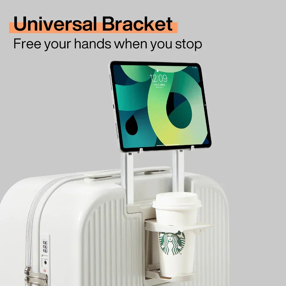 Hardshell spinner suitcase with integrated cup holder for convenient travel, ideal for airport or train journeys.
