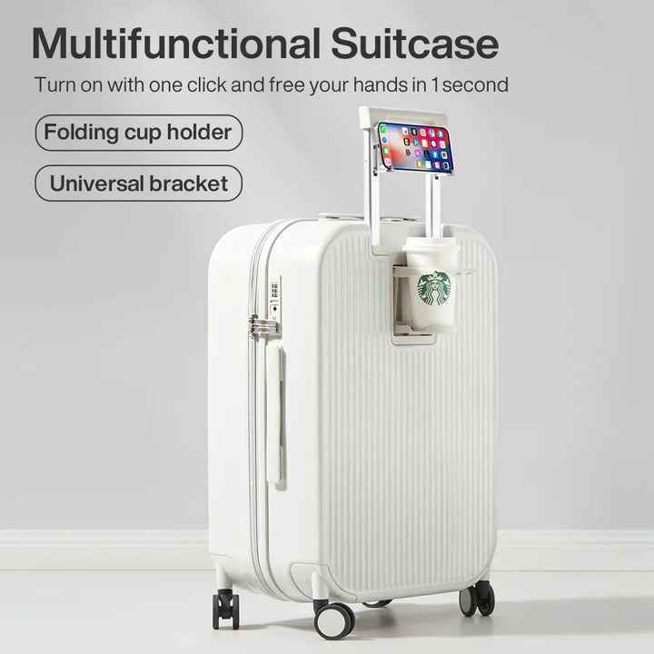 Hartschalen-Reisekoffer Lyon, a durable hardshell spinner suitcase with cup holder for comfortable, organized travel.