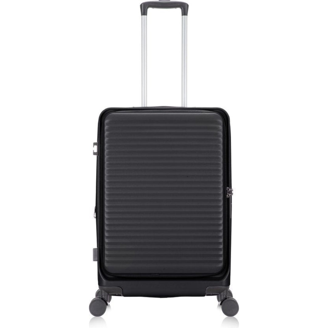 Modern hardshell carry-on luggage with dedicated laptop pocket & TSA lock for secure business travel.