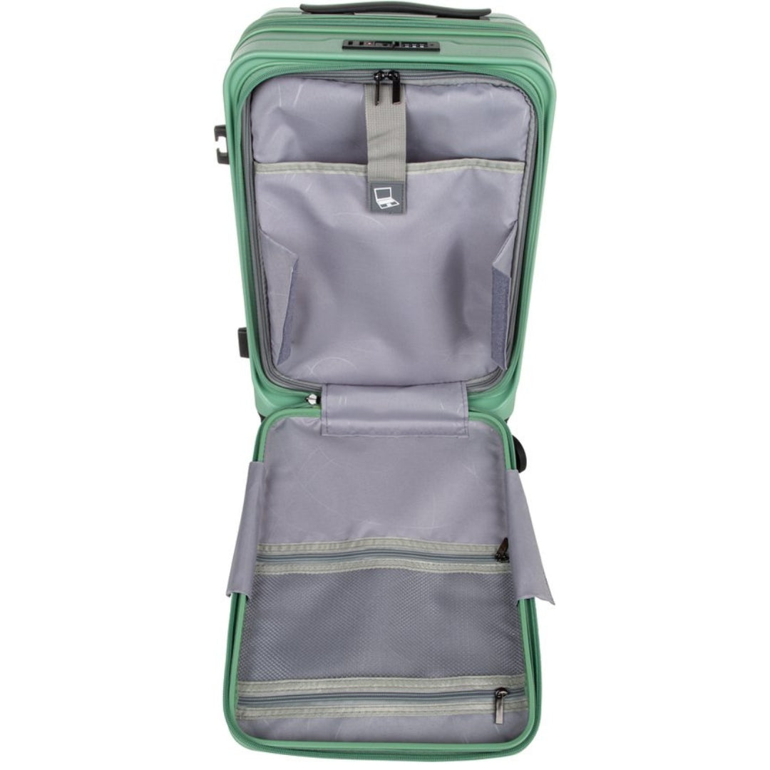 Business hardshell carry-on with quick-access laptop pocket, TSA lock & 360° spinner wheels.