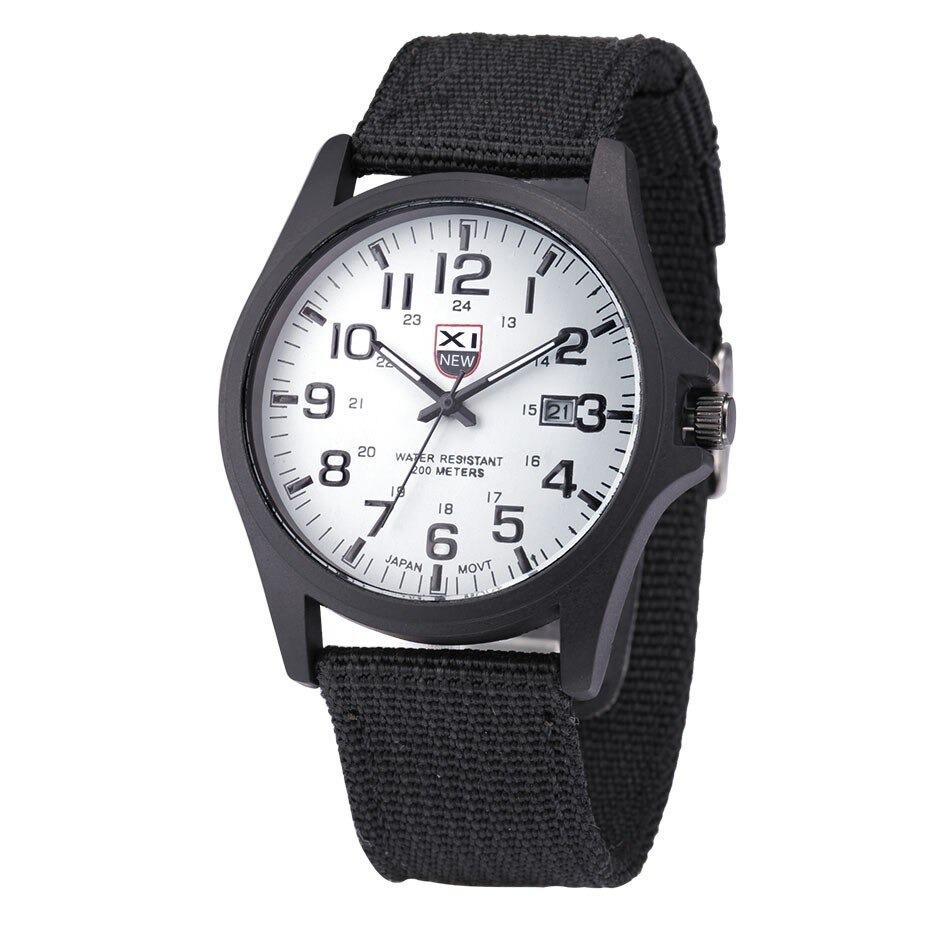 Close-up of a durable men's outdoor watch, showing date display, luminous hands, & rugged waterproof case.
