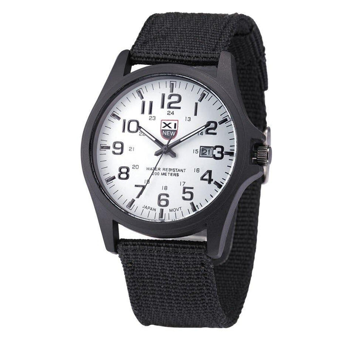 Close-up of a durable men's outdoor watch, showing date display, luminous hands, & rugged waterproof case.