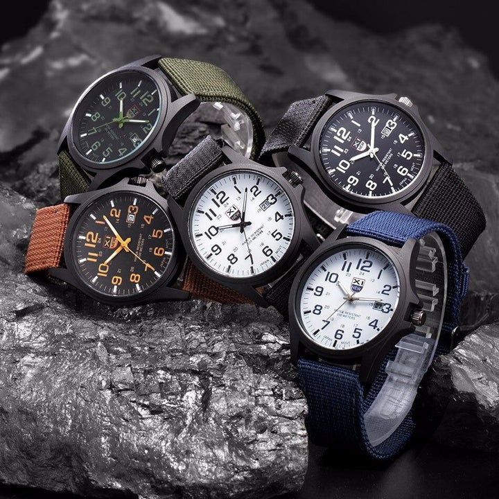 Men's adventure watch, waterproof and shock resistant, on a wrist, ready for hiking & outdoor activities.
