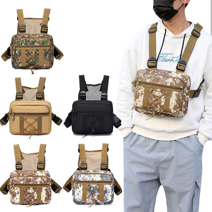 Durable tactical chest rig bag for outdoor adventures, water-resistant with multiple pockets.