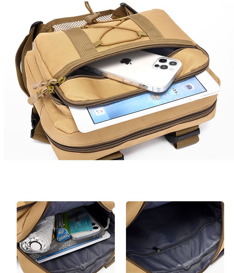 Heavy-duty tactical chest rig bag, water-resistant, ideal for hiking, camping, and utility use.