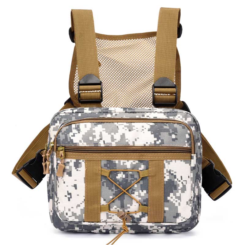 Water-resistant tactical chest rig bag, durable multi-pocket outdoor gear for unisex use.