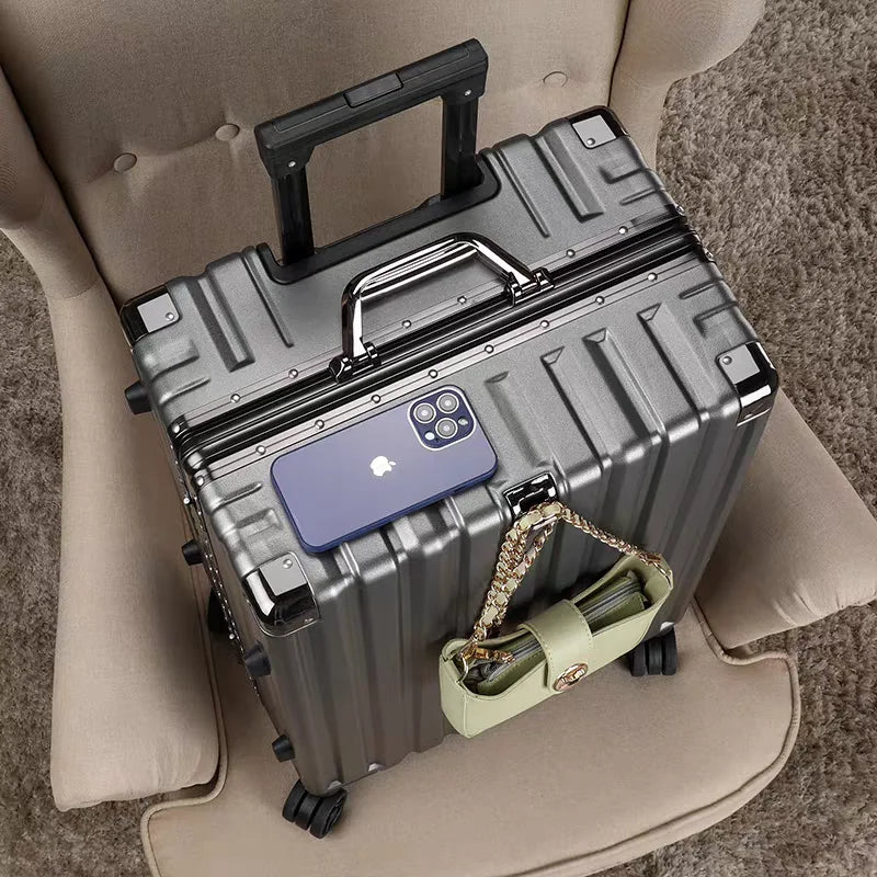 Premium checked luggage with a durable secure frame, smooth spinner wheels, ensuring secure vacation travel.