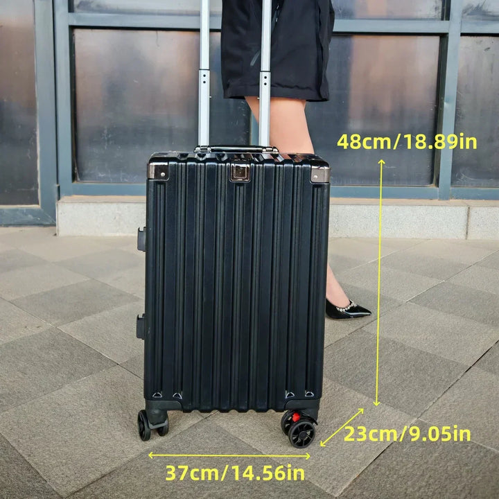 Front view of a sleek, durable travel suitcase with a secure frame and multi-directional spinner wheels.