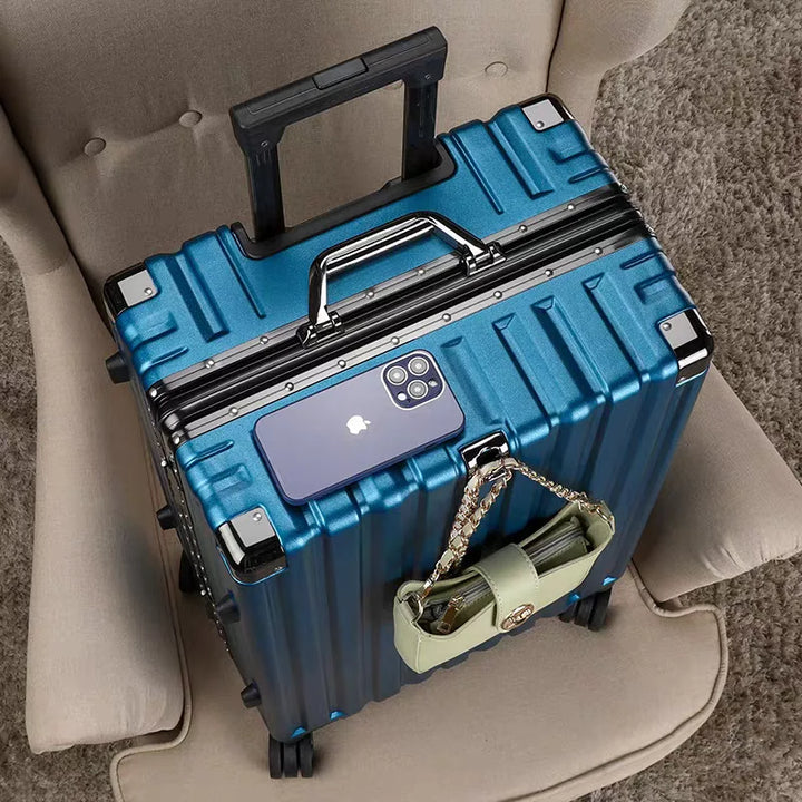 Heavy-duty travel luggage designed with a secure frame & silent spinner wheels for stress-free travel.