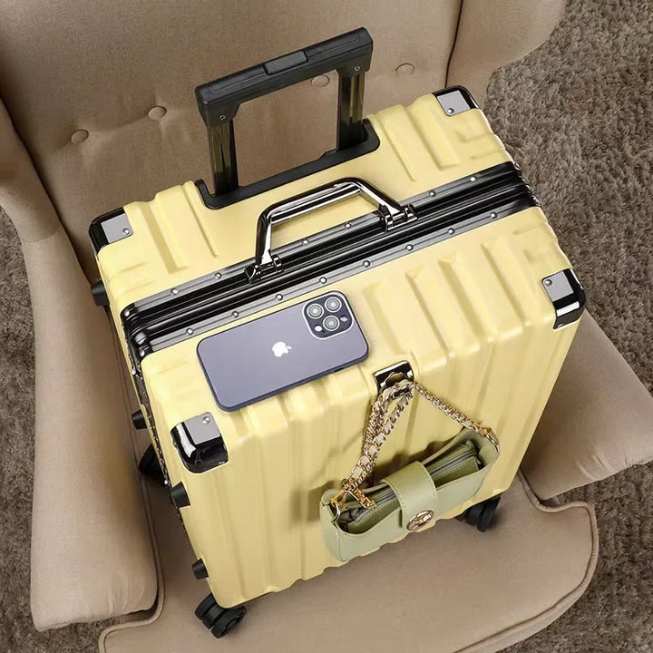 Secure frame travel suitcase, ideal for organized packing on business trips or long vacation getaways.