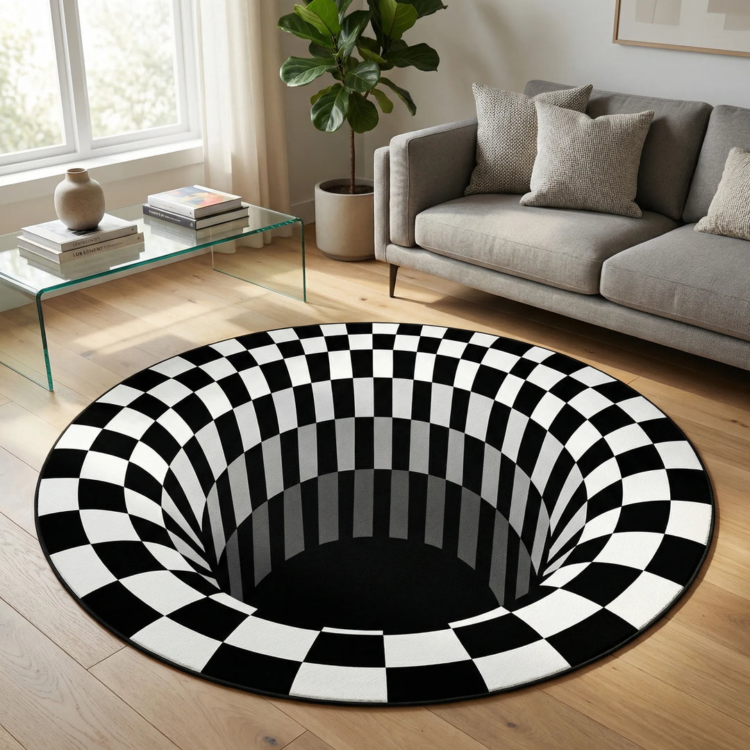 Dynamic 3D optical illusion black & white vortex area rug. Modern round statement rug with wave pattern, washable.