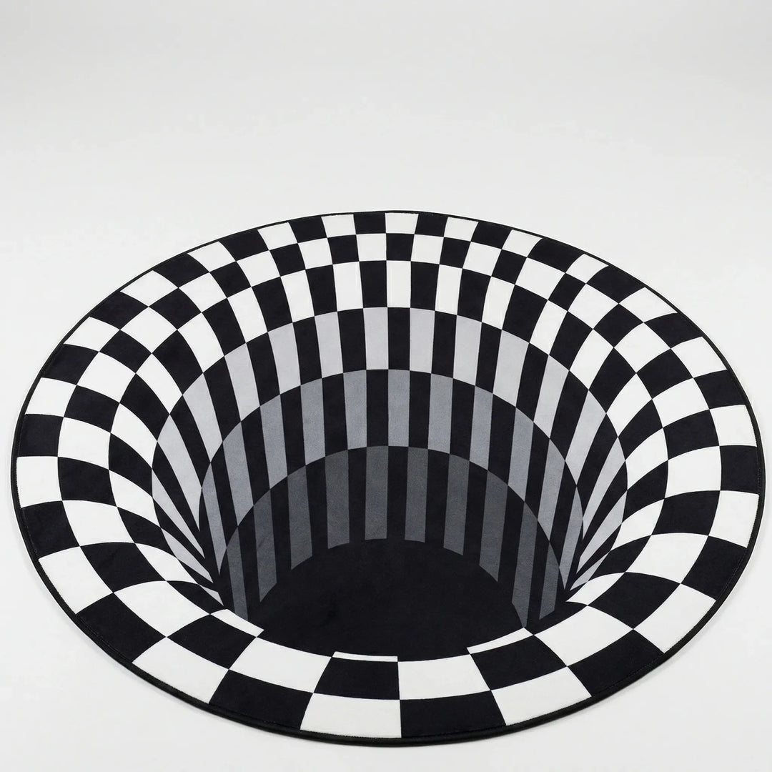 Mesmerizing 3D optical illusion black & white vortex rug. Round modern home decor area rug, Flowique design, washable.