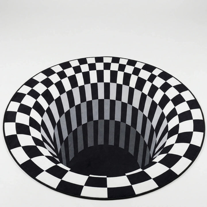Mesmerizing 3D optical illusion black & white vortex rug. Round modern home decor area rug, Flowique design, washable.