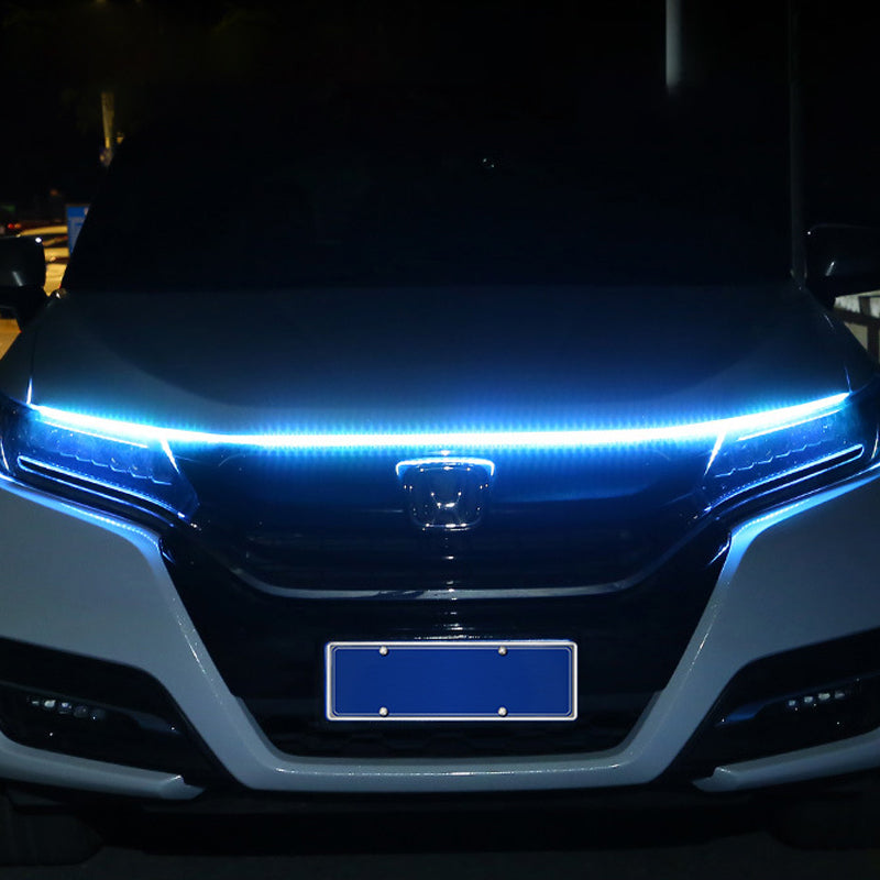Waterproof car hood LED strip light with dynamic turn signals, enhancing vehicle visibility