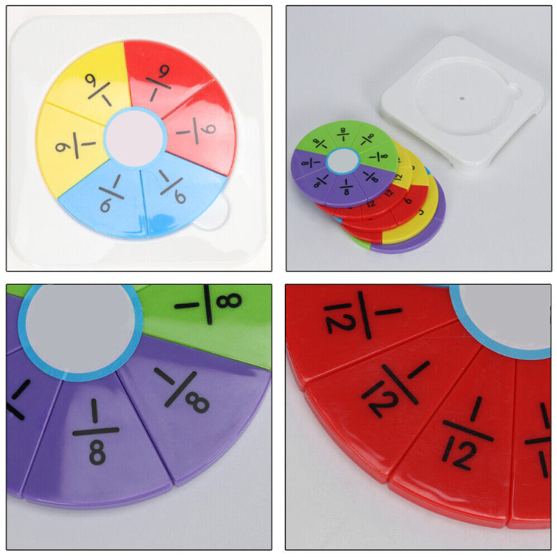 Learning fractions for kids: a comprehensive educational set with various fraction parts for visual learners.
