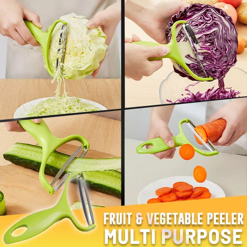 Close-up of stainless steel vegetable peeler, ergonomic handle, sharp blade for efficient peeling