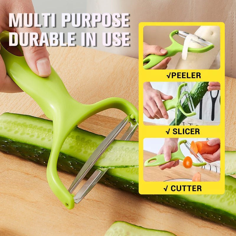 Hand holding stainless steel vegetable peeler, peeling a carrot, showcasing easy food prep
