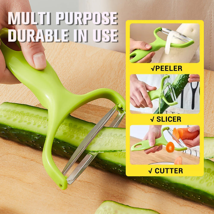 Hand holding stainless steel vegetable peeler, peeling a carrot, showcasing easy food prep