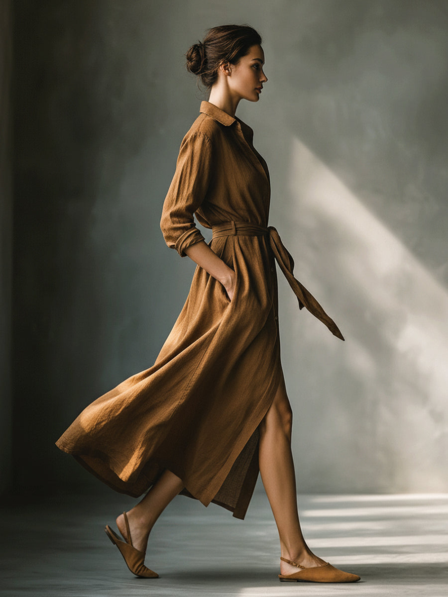 Comfortable women's brown V-neck maxi dress with long sleeves and a tie waist, an effortless everyday outfit.